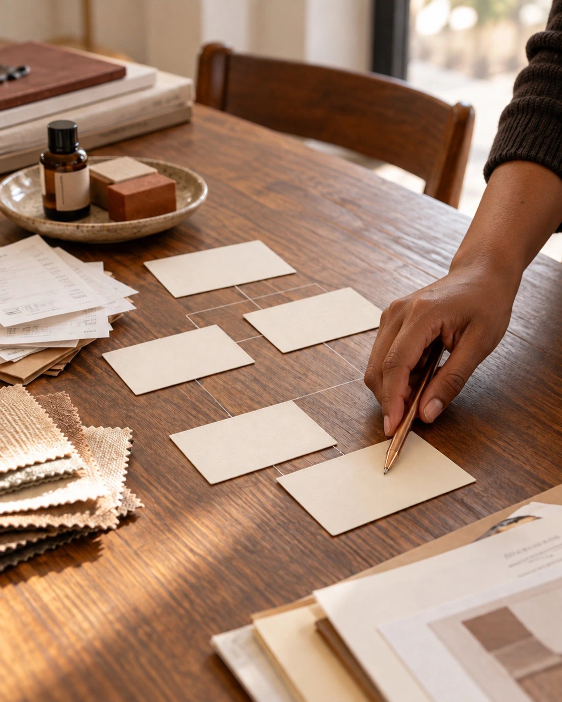 Mesa de trabajo con tarjetas, notas y muestras para ordenar ideas y prioridades